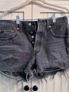 Levi's 501 Washed Black Distressed High-Rise Black Denim Cutoff Shorts W28